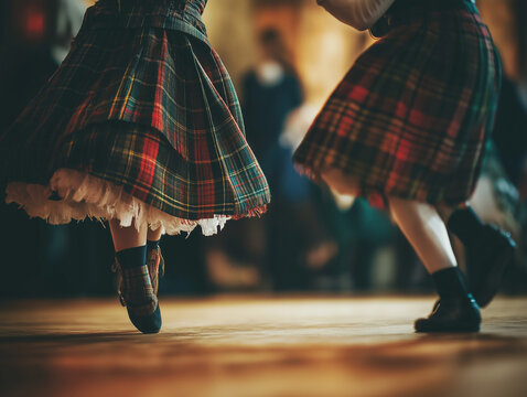 Close-up of Ceilidh dancers in motion wearing tartan skirts