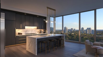 Obraz premium Elegant openplan kitchen with black white and gold accents
