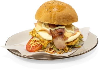 Hamburguesa de Pollo con tocinera y queso de mano