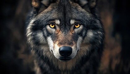 Fototapeta premium Stunning Wolf with Piercing Yellow Eyes Snowy Fur in Forest Setting