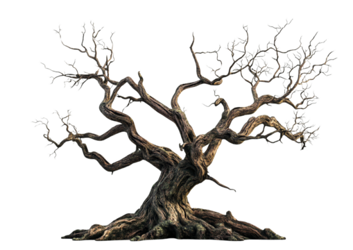 A leafless, spooky old tree isolated on a white background, captured in sharp detail with no blur, ideal for Halloween or eerie-themed designs.

