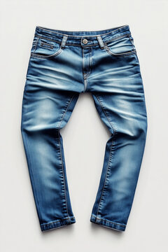 Isolated jeans with curved trouser legs on plain background.