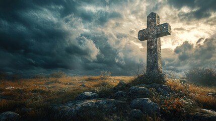 An ancient stone cross in a windswept landscape, dramatic clouds in the background 