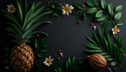Obraz premium tropical fruits and flowers on a dark background