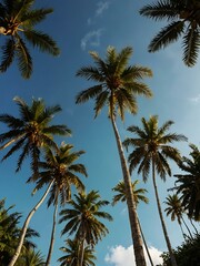 Obraz premium Tropical pattern of green palm trees against blue sky.