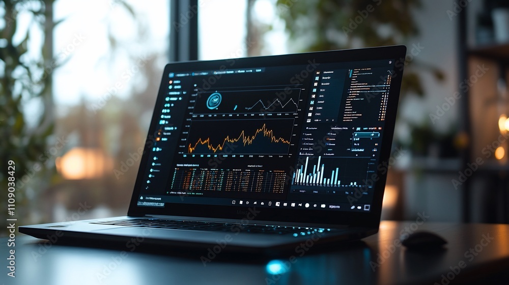 Aufkleber laptop displaying financial data charts and graphs.