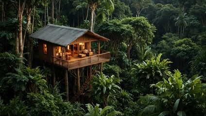 Tropical treehouse resort in a lush green jungle.