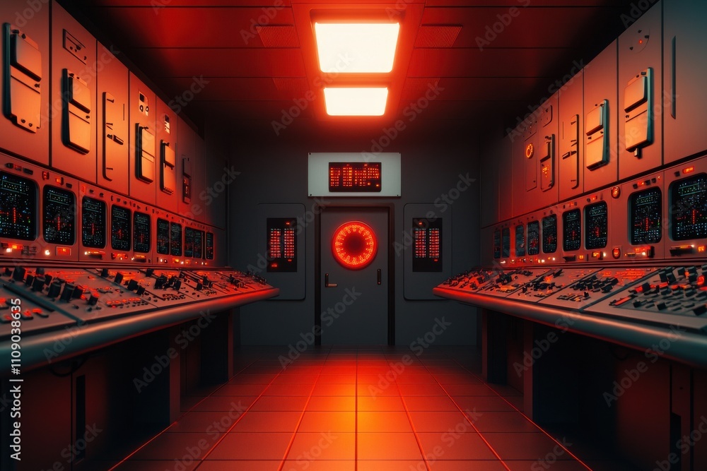 Poster a futuristic control room illuminated by red lights, featuring multiple control panels and a central