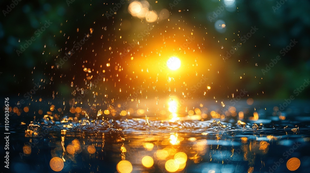 Poster beautiful sunset light reflection on raindrops creating magical bokeh effect on water surface in nat