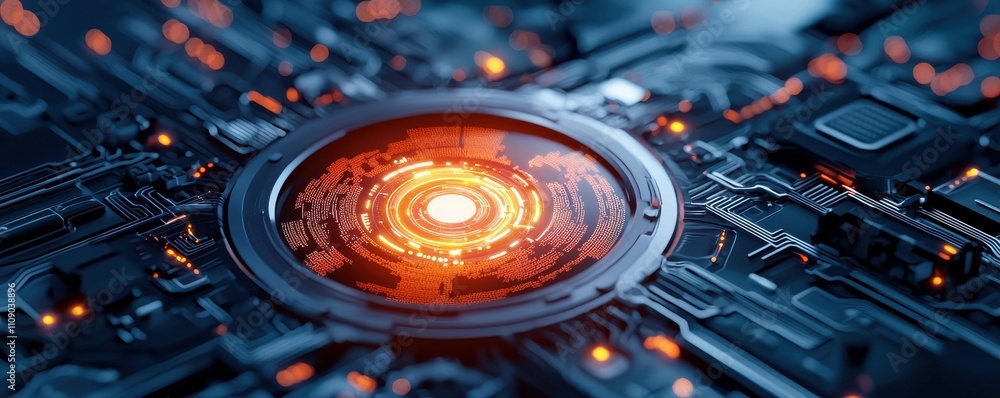 Poster a futuristic circuit board with a glowing, orange central element, showcasing intricate patterns and