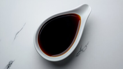 A Small White Sauce Boat Filled with Dark Soy Sauce on Marble