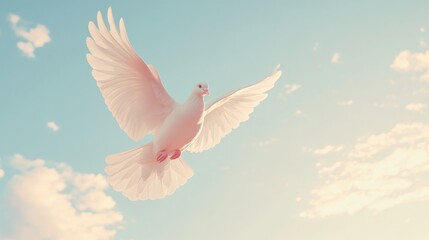 Fototapeta premium A graceful white dove soaring against a serene sky, symbolizing peace and freedom.