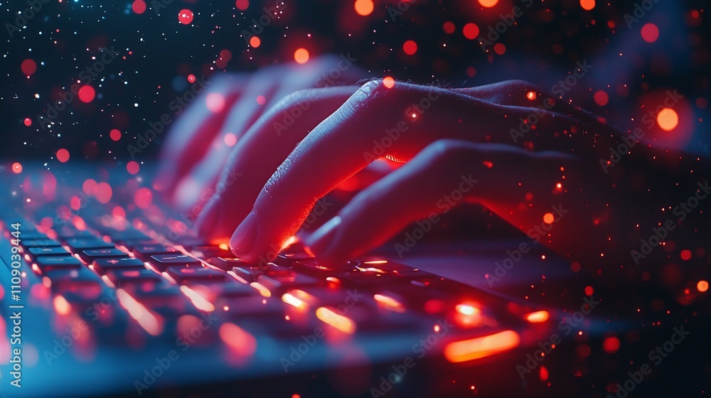 Poster hands typing on glowing keyboard at night.