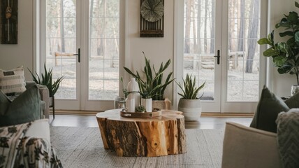 Fototapeta premium Cozy Modern Living Room with Rustic Coffee Table and Natural Light. Bright and inviting living room featuring a unique wooden coffee table, lush plants, and large windows overlooking a seren...