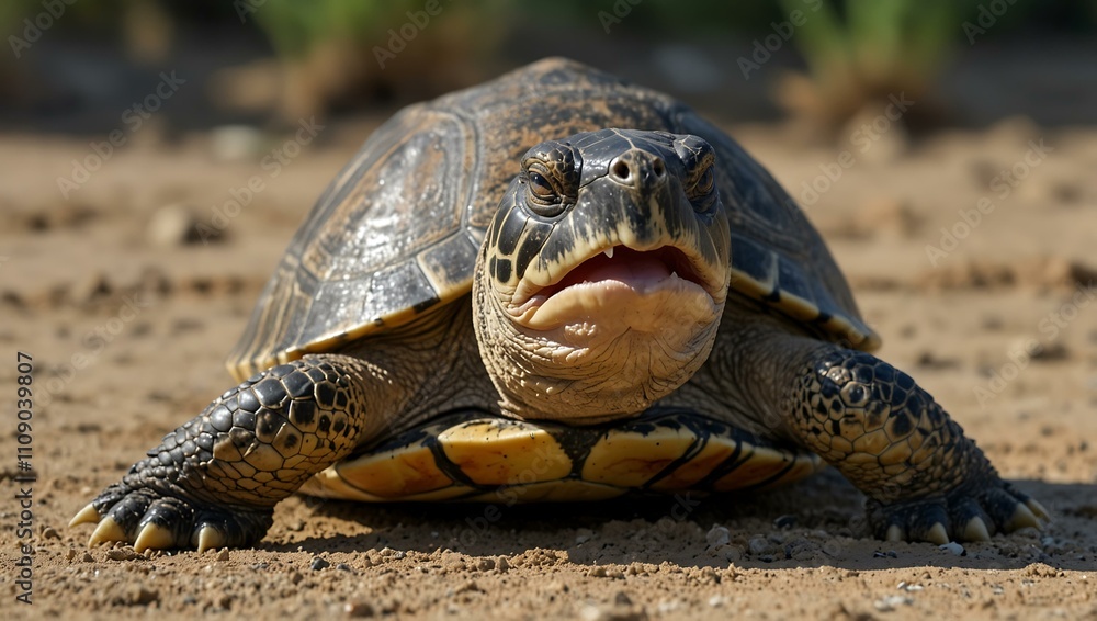Poster turtle with its mouth open and tongue visible.