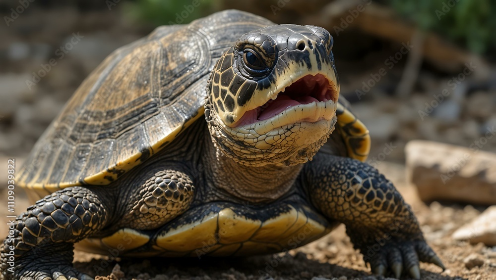 Poster turtle with its mouth open and tongue visible.