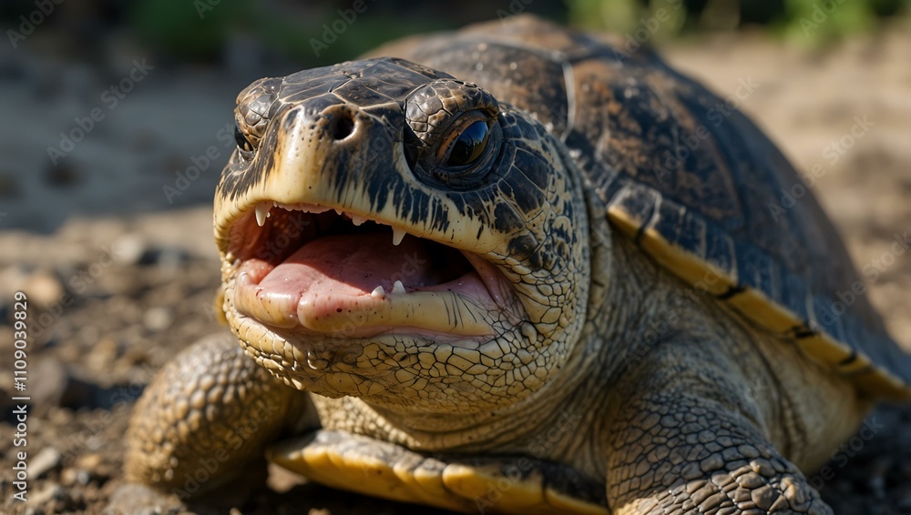 Poster turtle with its mouth open and tongue visible.