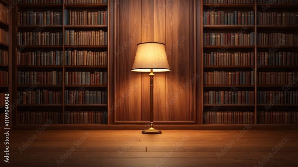 Poster a cozy study with a warm lamp illuminating a wooden bookshelf filled with books, creating a tranquil