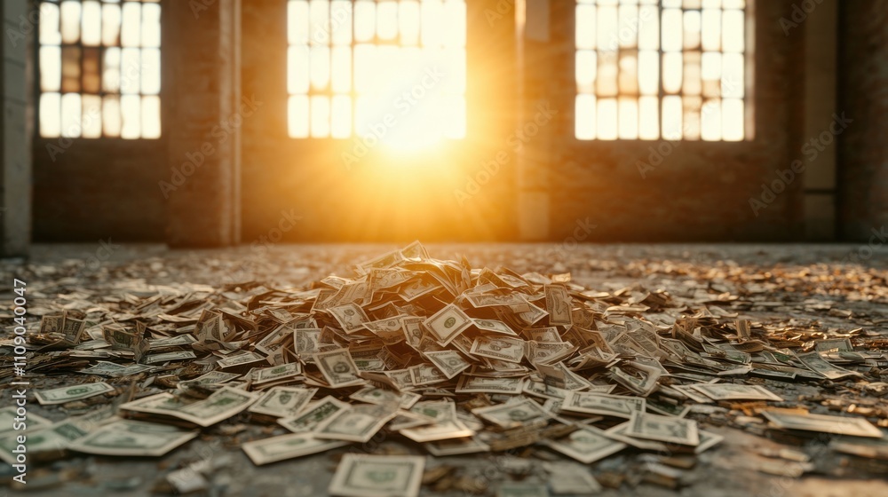 Poster a pile of money sits on the ground, illuminated by the warm glow of a setting sun filtering through 