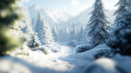 Obraz premium Snowy winding path in mountain forest with sunlit evergreens