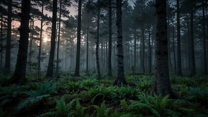 Fototapeta premium Twilight forest, serene and magical under the moon.