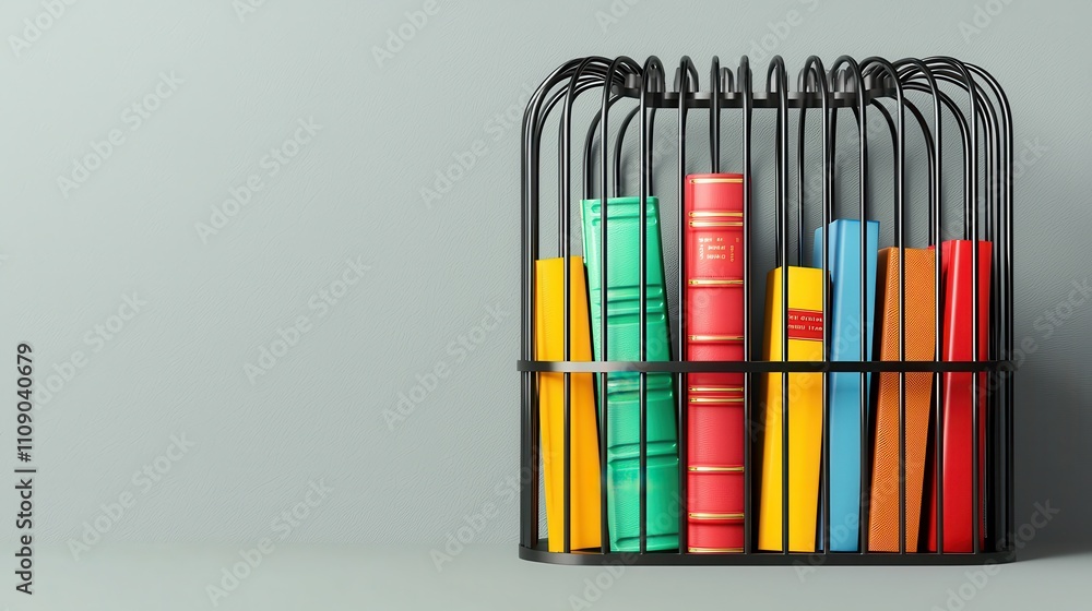 Poster a colorful collection of books in a black wire holder against a gray background, creating a visually