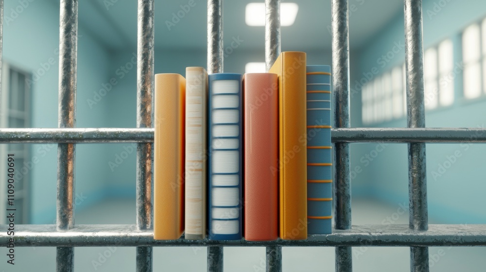 Poster a row of colorful books stands between prison bars, symbolizing knowledge and resilience in the face