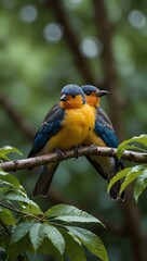 Two birds on a leafy branch.