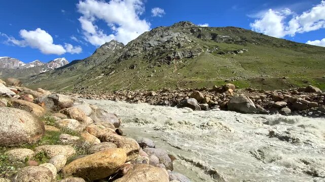 Himalayan mountain view at Jilang with chenab river in lahaul, gramphu-batal-kaza road himachal pradesh, India