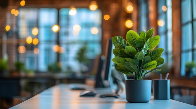 A bright modern office filled with greenery and cutting-edge technology, perfect for a productive advertising media and a relaxed working environment, creating a sense of calm and inspiration.