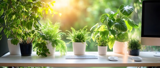Fototapeta premium A bright modern office filled with greenery and cutting-edge technology, perfect for a productive advertising media and a relaxed working environment, creating a sense of calm and inspiration.