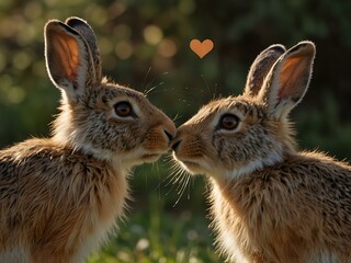 Obraz premium Two brown-blond hares touching noses, hearts around.