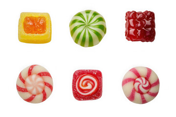 Decorative candies with swirls, stripes, and fruit patterns in vibrant colors, perfect for dessert designs, festive projects, and transparent PNG uses.

