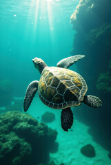 Obraz premium Sea Turtle's Journey through Sun-Dappled Tropical Seas from Aerial Perspective