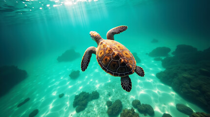 High-Detail Aerial Image of Sea Turtle Amidst Tranquil Emerald Ocean Waters