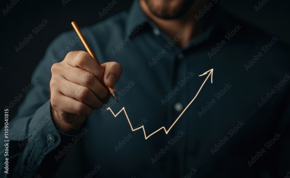 Poster a person in a dark setting sketches an upward graph with a pencil, symbolizing growth, progress, and