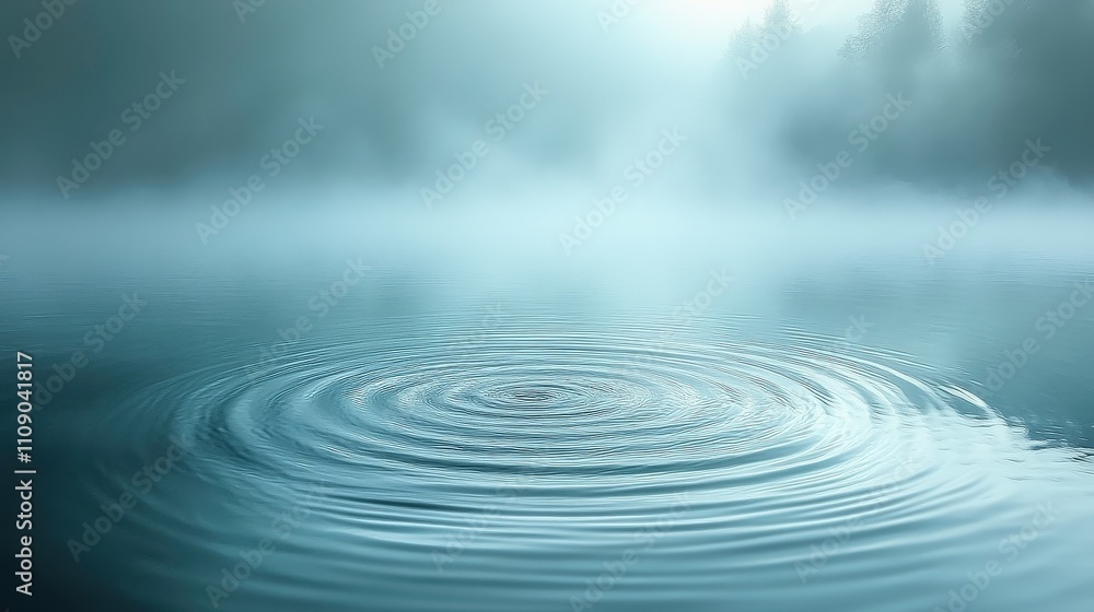 Aufkleber serene misty lake with soft ripples reflecting delicate light and surrounding trees in a tranquil at