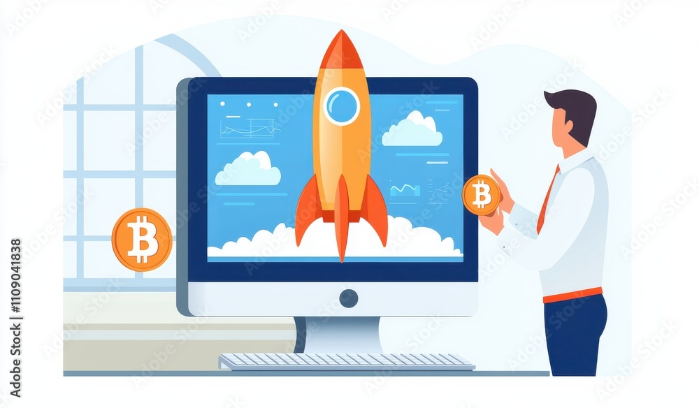 Poster a person stands beside a computer displaying a rocket launch, symbolizing growth and innovation in c