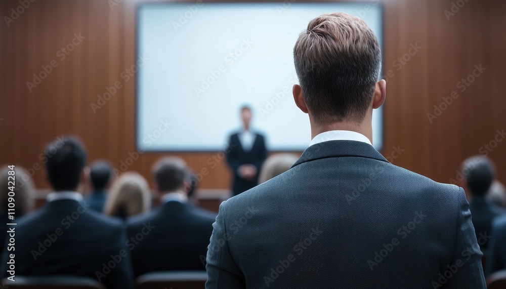 Poster a professional presentation scene featuring a speaker in front of an audience, emphasizing engagemen