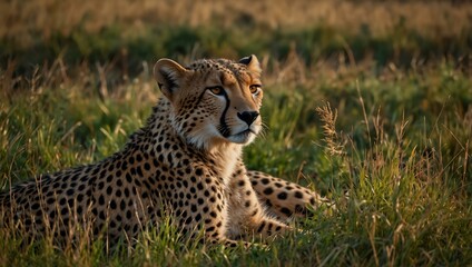 Two cheetahs resting in tall grass.