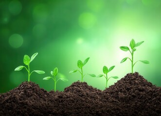 Naklejka premium Fresh green seedlings emerge from rich soil, symbolizing growth and renewal against a vibrant green backdrop.