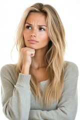 A pretty young blond woman sits thoughtfully with her fist on her chin, gazing at the camera in a moment of reflection