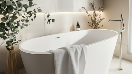 Modern freestanding bathtub with soft towels and greenery in a serene winter bathroom setting