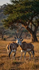 Fototapeta premium Two East African oryxes chasing each other in the morning savannah.