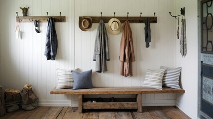 Cozy Entryway with Vintage Hooks and Stylish Accessories. A welcoming entryway featuring wooden hooks, stylish hats, cozy cushions, and a rustic bench, perfect for home decor inspiration.