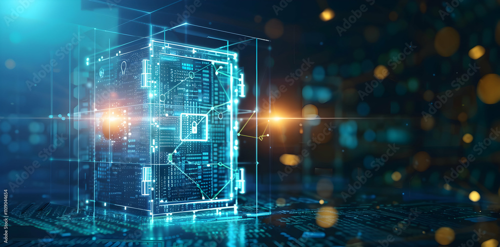 Poster a digital lockbox representing cybersecurity and data protection in a tech environment.