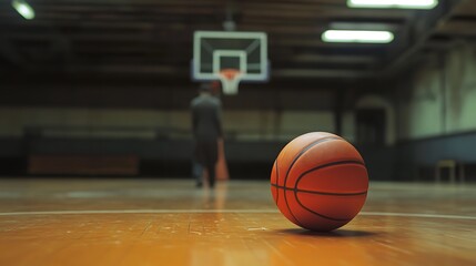 Naklejka premium A lone basketball sits on a hardwood court, a blurred figure of a man walking away in the background.