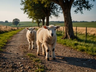 Obraz premium Two lambs grazing by a rural road.