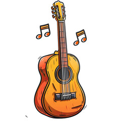 Naklejka premium Acoustic guitar illustration with musical notes floating around isolated on transparent background cutout png