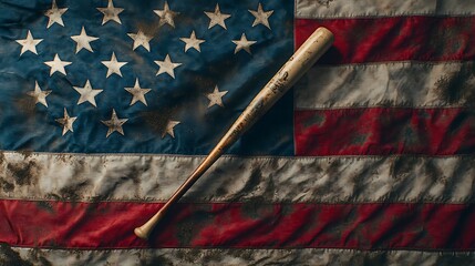 A weathered baseball bat rests on a vintage American flag, a powerful image of American pastime and patriotism.
